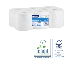 Merida Papier toaletowy TOP, biały, średnica 19 cm, długość 120 m, dwuwarstwowy, zgrzewka 12 szt., ECOLABEL (PTB206)