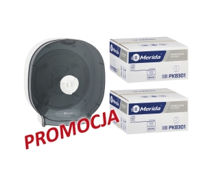 Merida Pojemnik na cztery rolki papieru toaletowego bez gilzy MERIDA ONE biały plus 2 kartony papieru toaletowego MERIDA CLASSIC