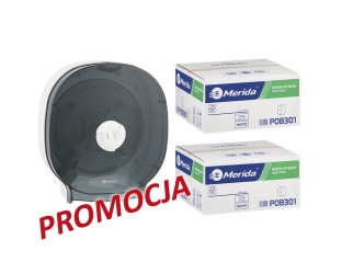 Merida Pojemnik na cztery rolki papieru toaletowego bez gilzy MERIDA ONE biały plus 2 kartony papieru toaletowego MERIDA OPTIMUM