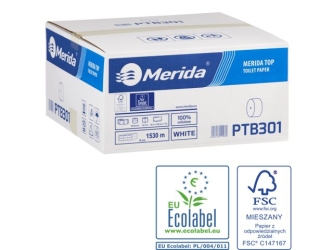 Merida Pojemnik na cztery rolki papieru toaletowego bez gilzy MERIDA ONE biały plus 2 kartony papieru toaletowego MERIDA TOP