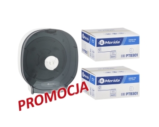 Merida Pojemnik na cztery rolki papieru toaletowego bez gilzy MERIDA ONE biały plus 2 kartony papieru toaletowego MERIDA TOP