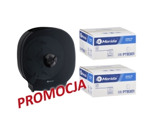 Merida Pojemnik na cztery rolki papieru toaletowego bez gilzy MERIDA ONE czarny plus 2 kartony papieru toaletowego MERIDA TOP
