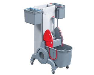 Wózek serwisowy do sprzątania, jednowiadrowy, wiadro dwukomorowe 15 l + 10 l, dwa wiaderka serwisowe 7 l